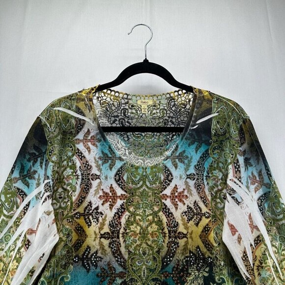 Reba Tunic Womens Sz L Burnout Ombre Lace Trim Asymmetric Long Sleeve Multicolor - Picture 3 of 10